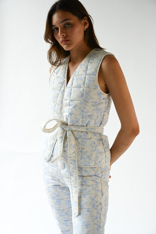 Carrington Quilted Wrap Vest — Blue Toile