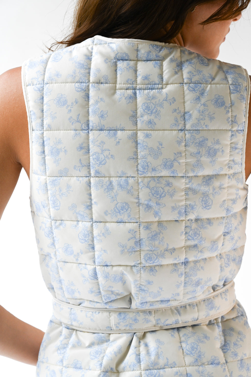 Carrington Quilted Wrap Vest — Blue Toile