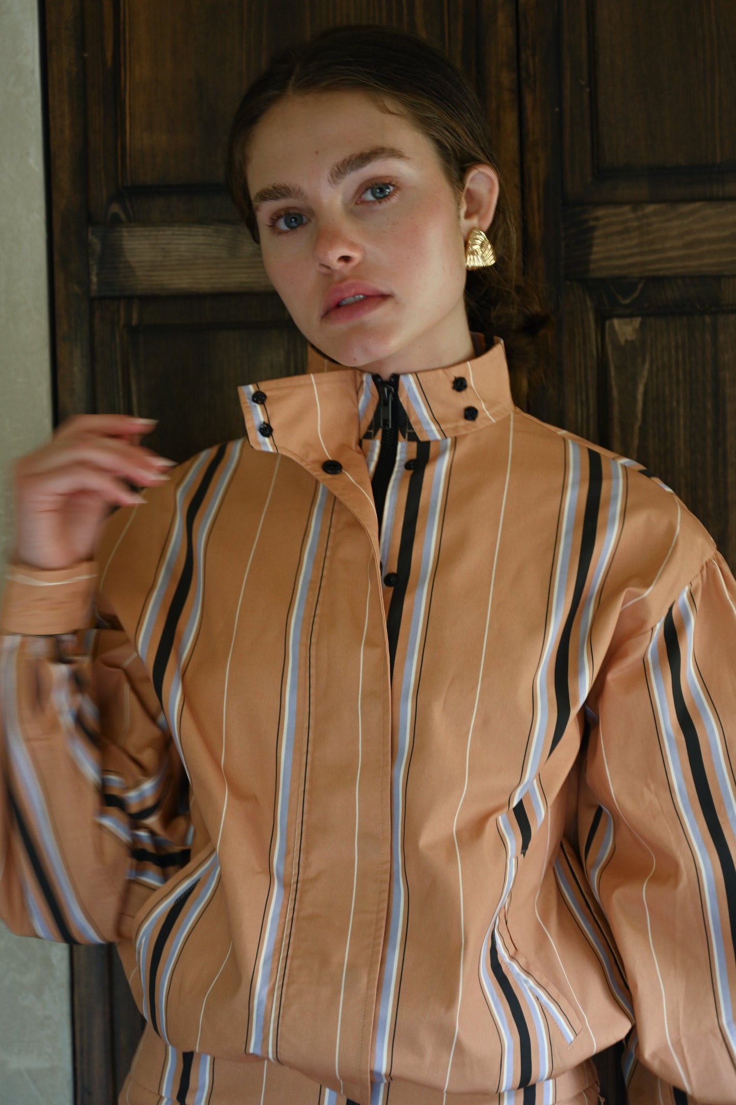 Stacy Cotton Boxy Jacket — Camel Striped