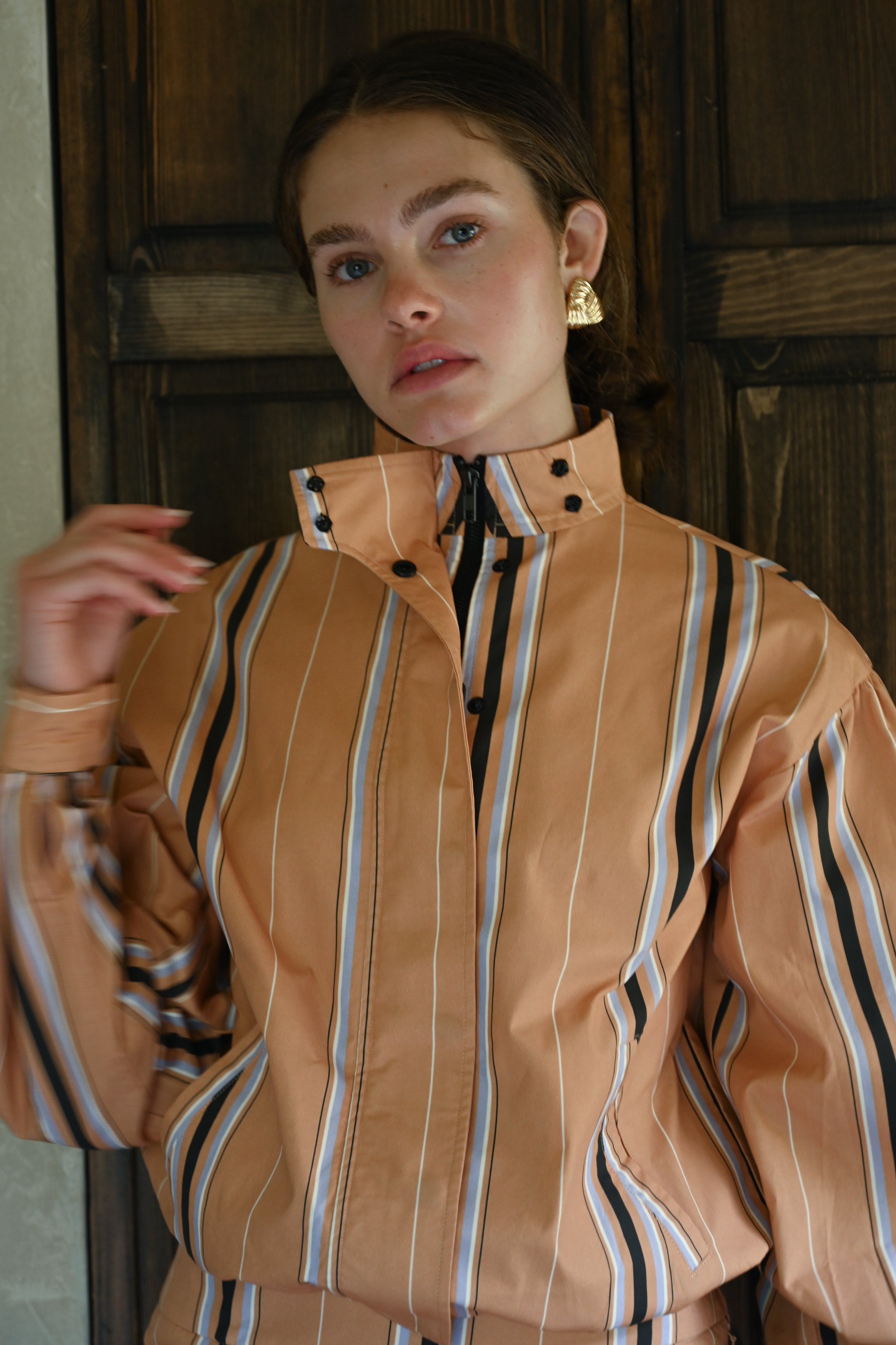 Stacy Cotton Boxy Jacket — Camel Striped