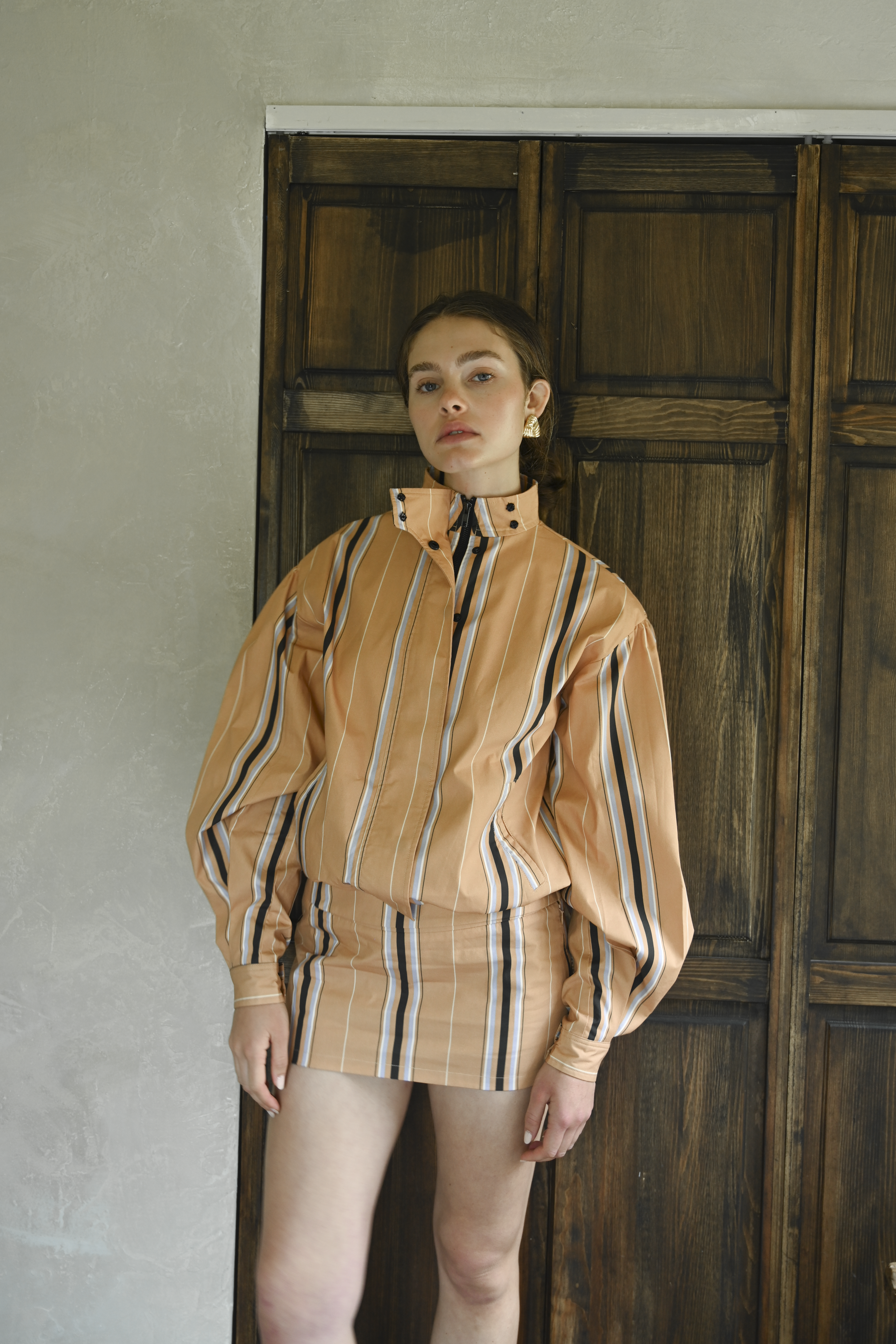 Stacy Cotton Boxy Jacket — Camel Striped